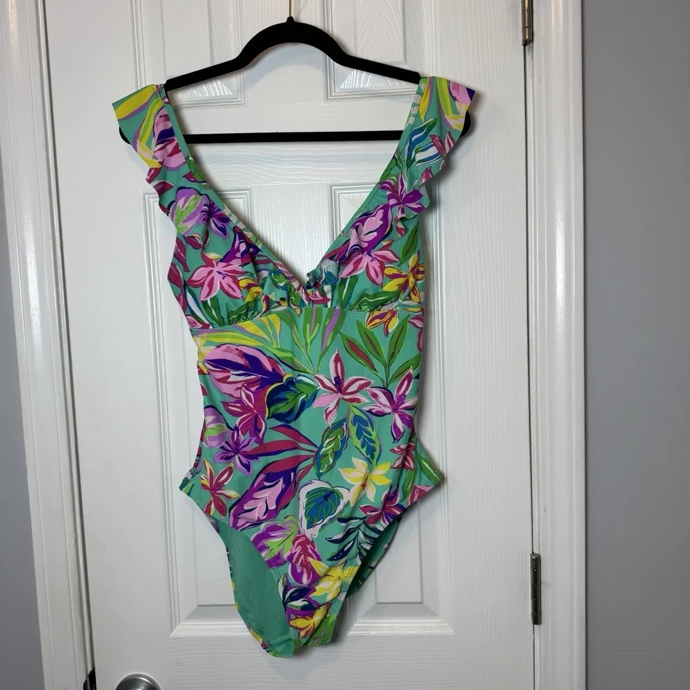 Stella Parker‎ Ruffle Front Straps Floral One-Piece Bathing Suit Wm's Large Teal
